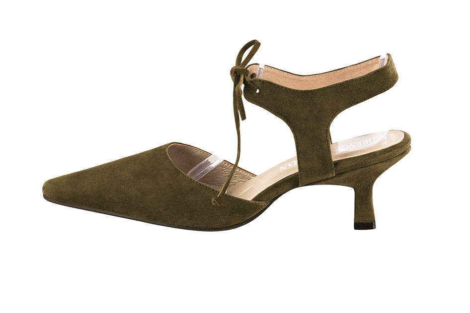 Khaki green elegant closed-toe heels, with an instep strap. Tapered toe. Medium spool heels. - Florence KOOIJMAN